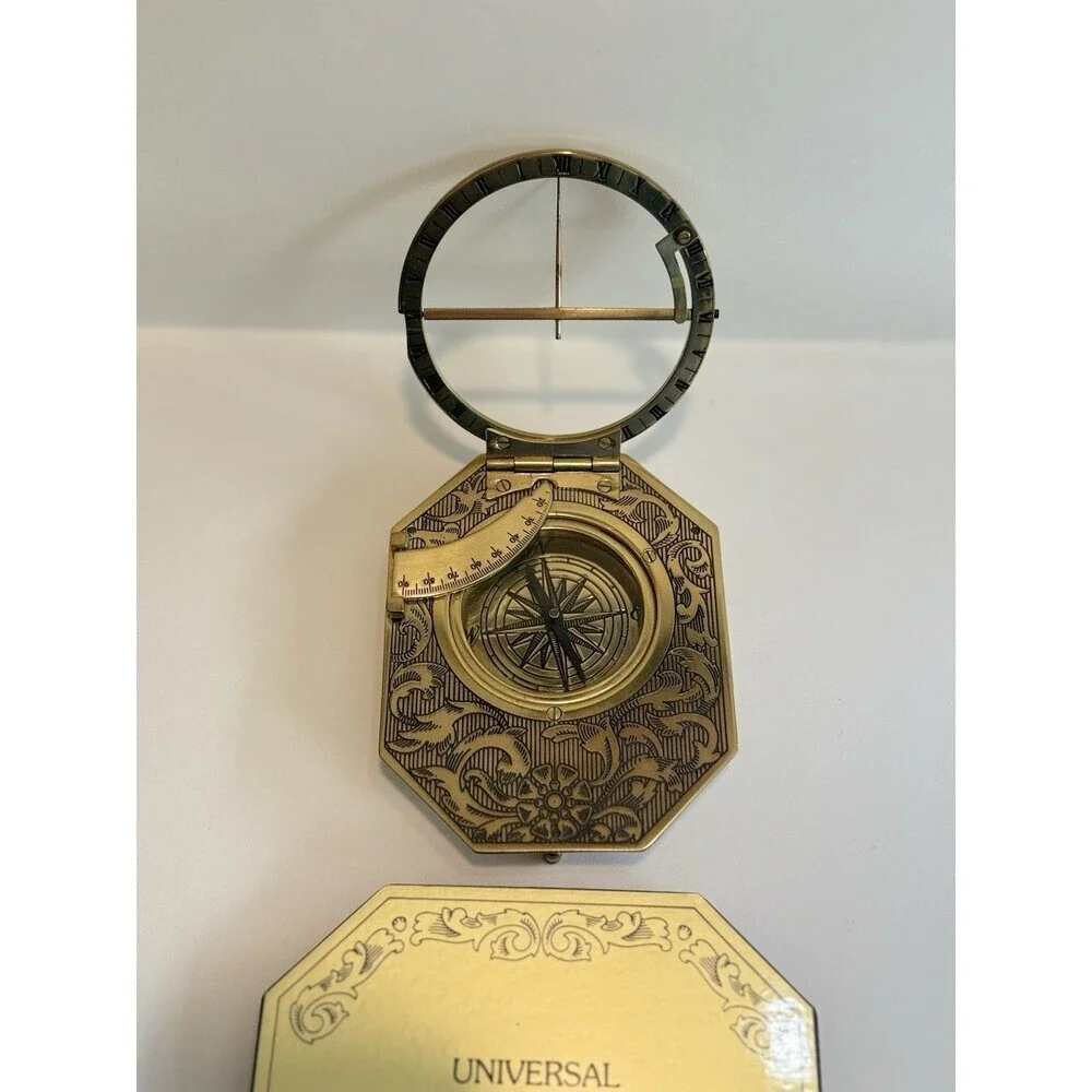 Vintage Franklin Mint Universal Sundial 1987 Brass Compass on Wood Base